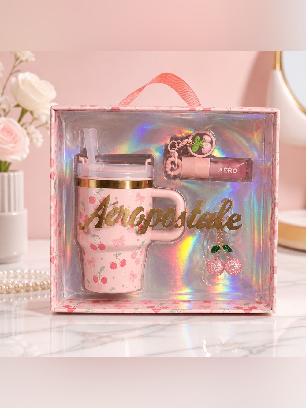 Aeropostale Pink Cherry 14oz Tumbler Gift Set with Lip Gloss & Charms